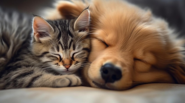 Um gato e um cachorro abraçados em uma cama.