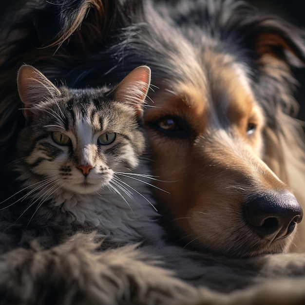 um gato e um cachorro estão deitados juntos.