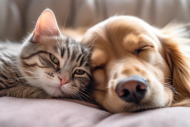 um gato e um cachorro estão deitados um ao lado do outro.