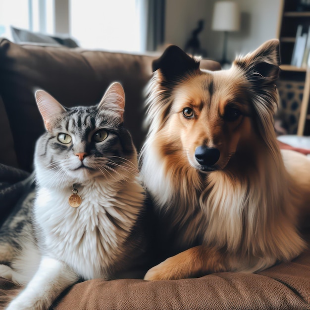 Um gato e um cachorro estão sentados juntos em um sofá.