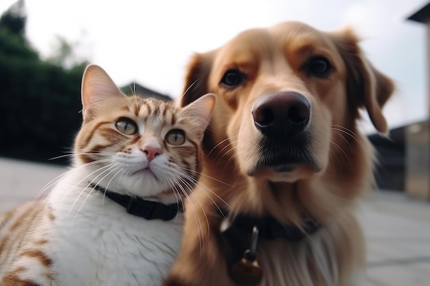 Um gato e um cachorro estão sentados juntos na frente de uma casa