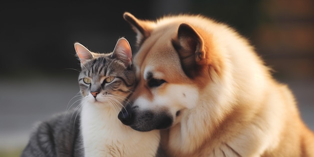 Um gato e um cachorro estão sentados juntos.