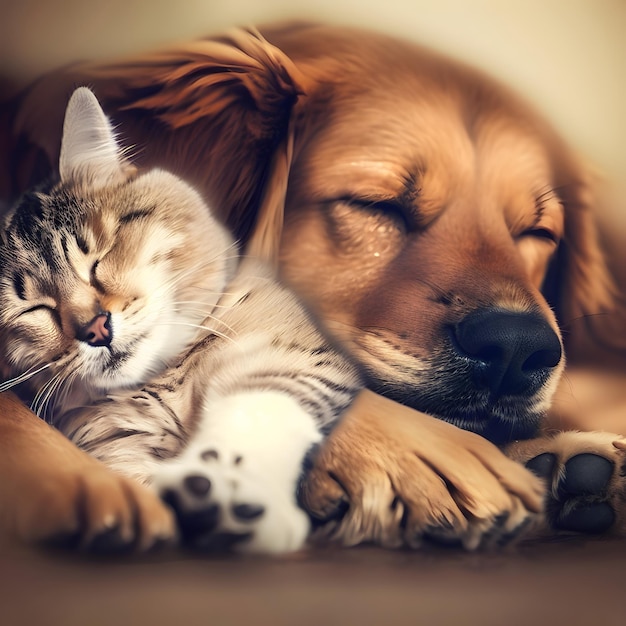 Um gato e um cão estão a dormir juntos.