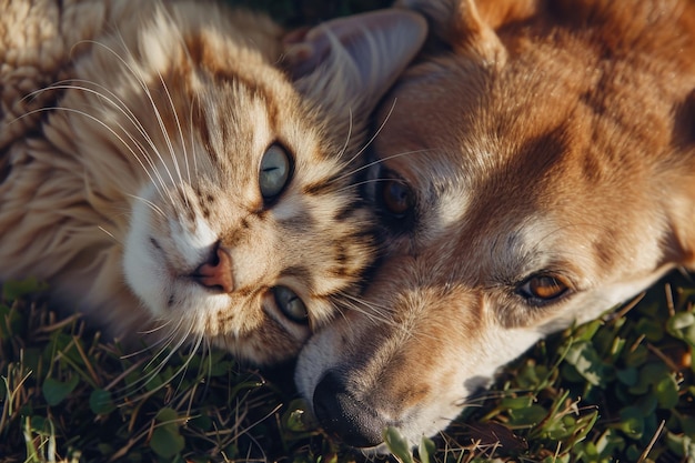 Um gato e um cão estão deitados na grama juntos