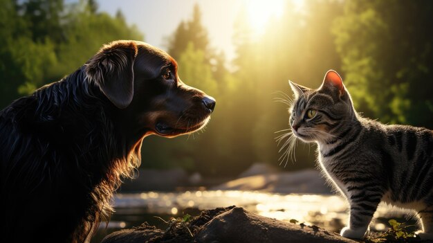 Um gato e um cão têm um encontro inesperado ao ar livre, mostrando a curiosidade e a surpresa no mundo animal.