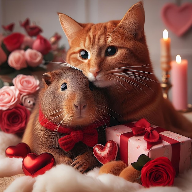 um gato e um coelho estão sentados um ao lado do outro e uma caixa de rosas