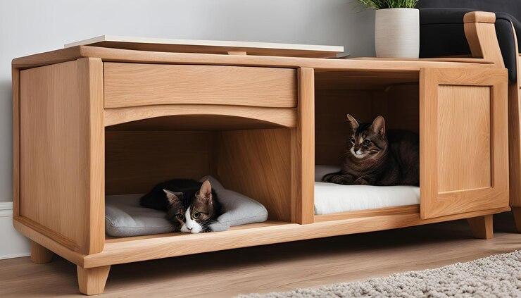 Foto um gato e um gato estão em uma prateleira em uma sala