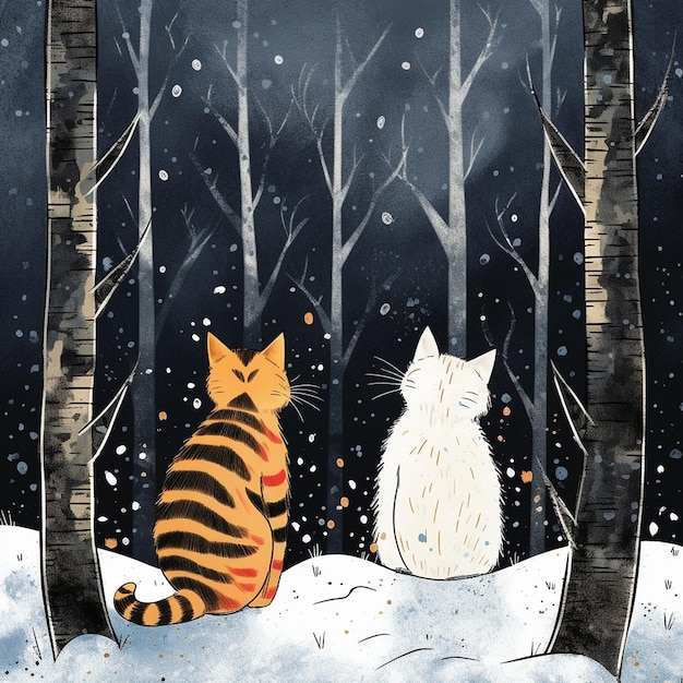 um gato e um gato estão na neve em uma floresta.