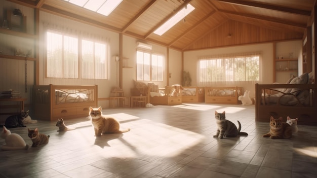 Um gato e um gato estão sentados no chão de uma sala com uma clarabóia.