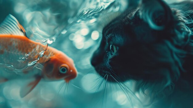 Um gato e um peixe-dourado na água com um reflexo do peixe ai