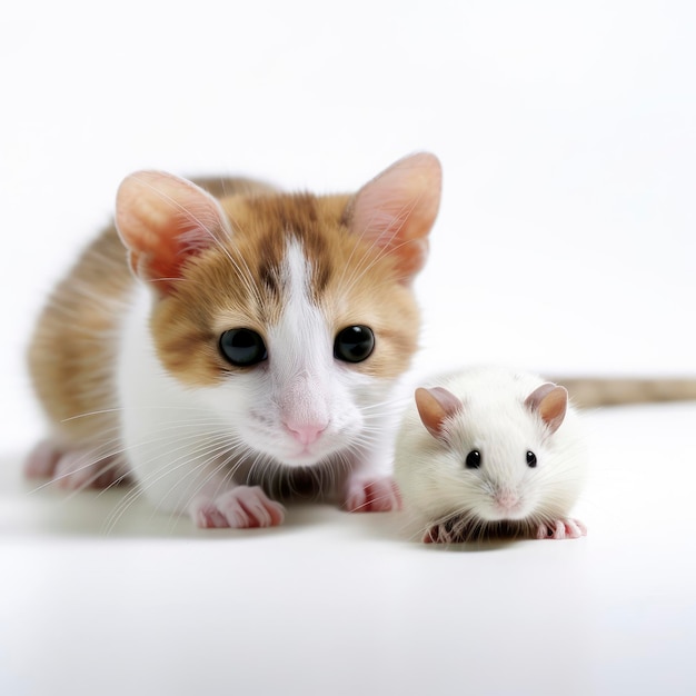 Um gato e um rato sentados juntos em um fundo branco