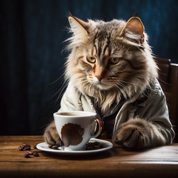 Um gato e uma chávena de café.