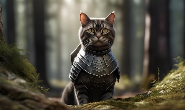 Um gato em armadura de metal medieval no meio da floresta