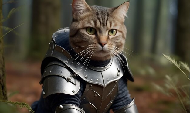 um gato em armadura de metal medieval no meio da floresta