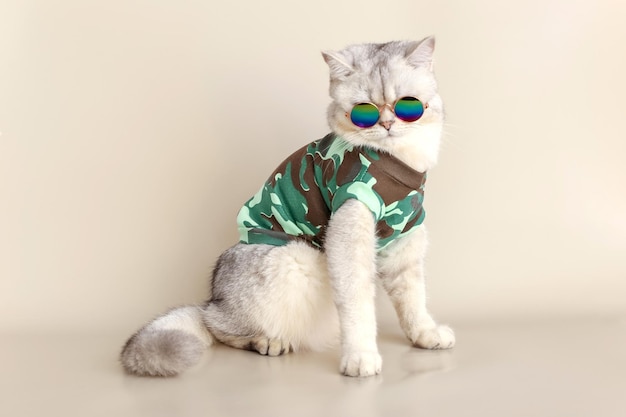 Um gato em óculos de sol e uma camiseta de estilo militar sentado em um fundo bege