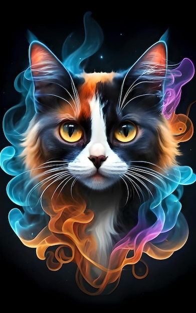 Foto um gato em ondas coloridas e fumegantes