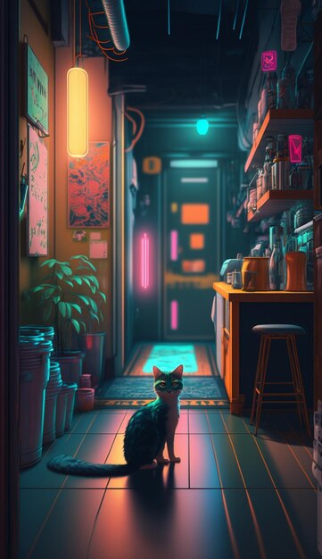 Um gato em um bar com luz neon.