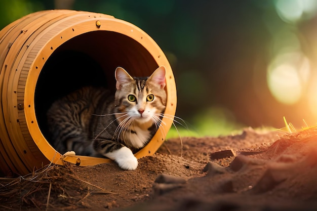 Um gato em um barril em um dia ensolarado