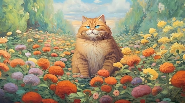 Um gato em um campo de flores