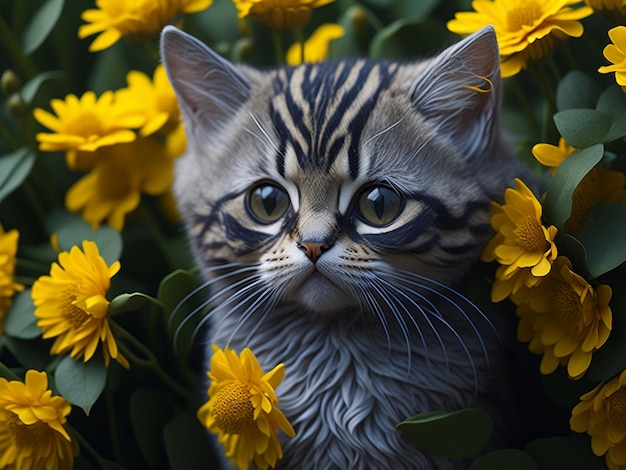 Um gato em um campo de flores