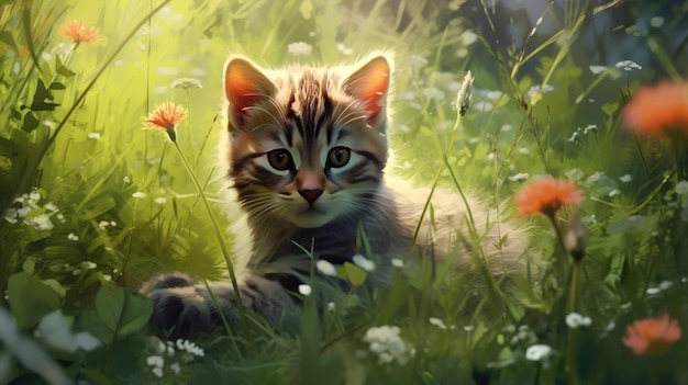 Um gato em um campo de flores