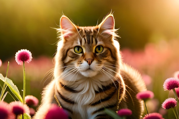 Um gato em um campo de flores