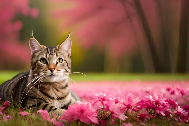 Um gato em um campo de flores