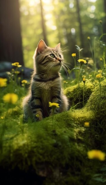 Um gato em um campo de flores