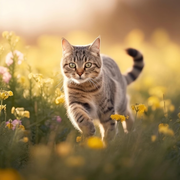 Um gato em um campo de flores