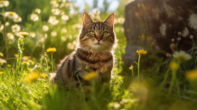 Um gato em um campo de flores