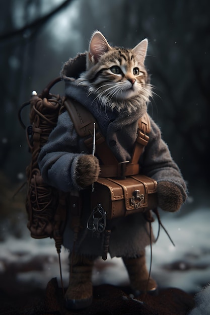 Um gato em um casaco com uma mochila