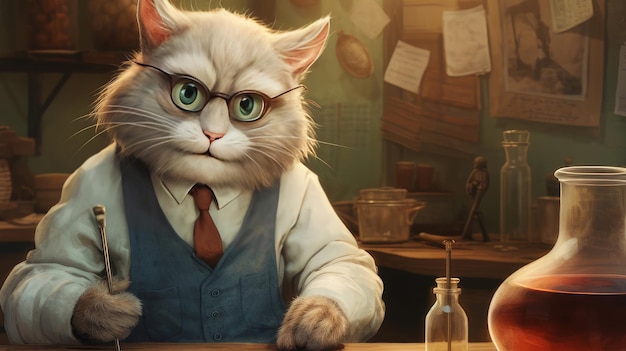 Um gato em um casaco de médico senta-se na mesa e prescreve medicamentos em uma farmácia veterinária