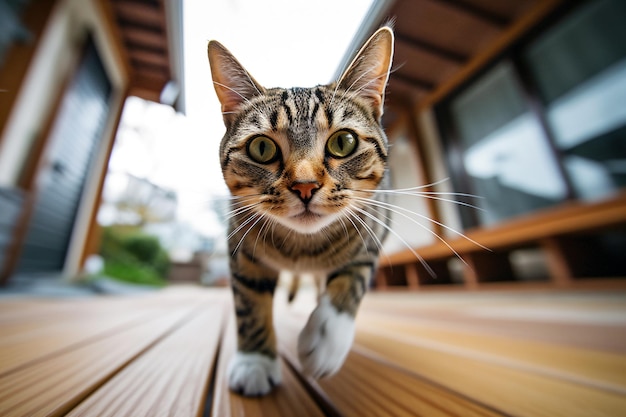 Um gato em um deck olhando para a câmera