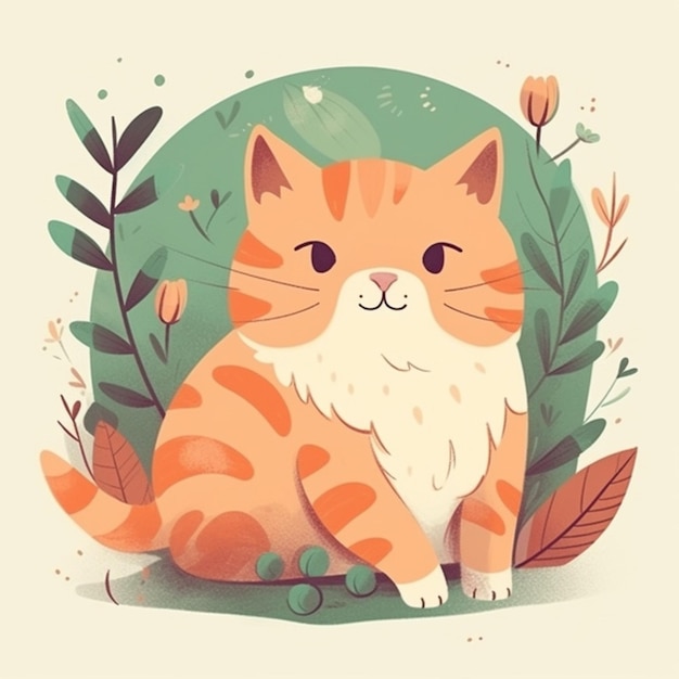 Um gato em um fundo verde com folhas e flores.