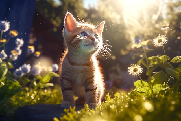 Um gato em um jardim com uma flor de dente-de-leão ao fundo