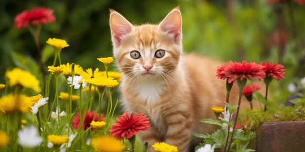 Um gato em um jardim de flores
