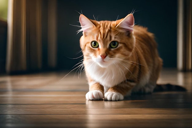 Um gato em um piso de madeira