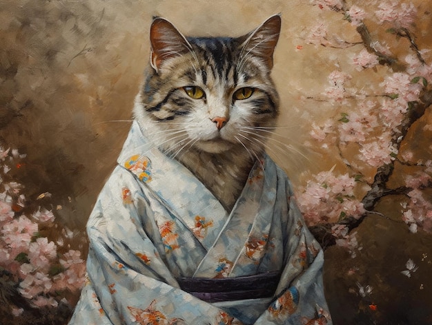 Um gato em um quimono é mostrado nesta pintura.