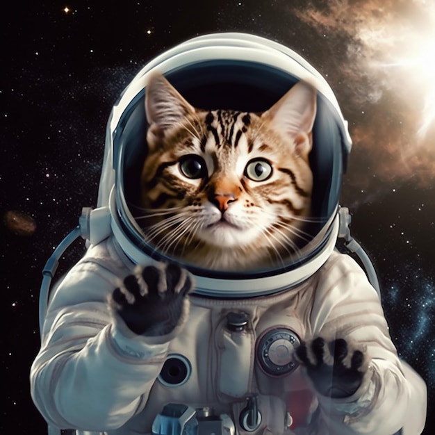 Um gato em um traje de astronauta é mostrado com a legenda "gato espacial" nele.