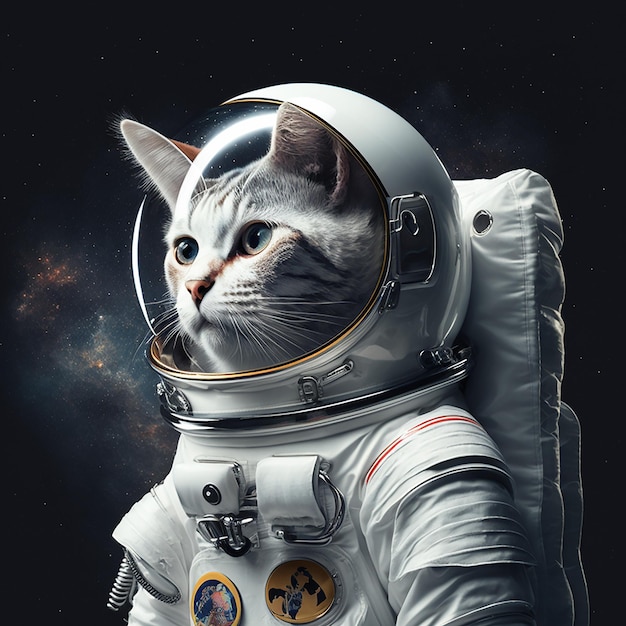 Um gato em um traje de astronauta está usando um capacete.