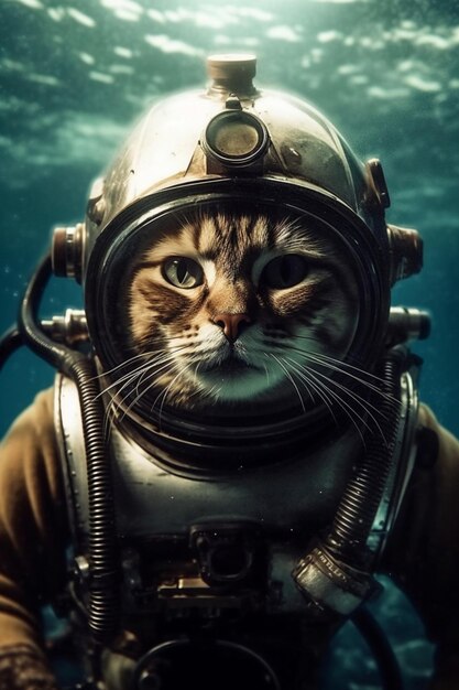 Um gato em um traje de mergulho está usando um capacete e um capacete.