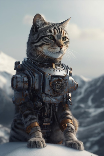 Um gato em um traje de robô