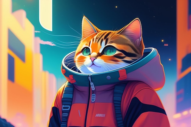 Um gato em um traje espacial com olhos verdes