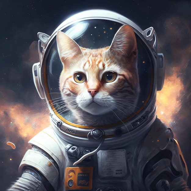 Um gato em um traje espacial está usando um capacete.