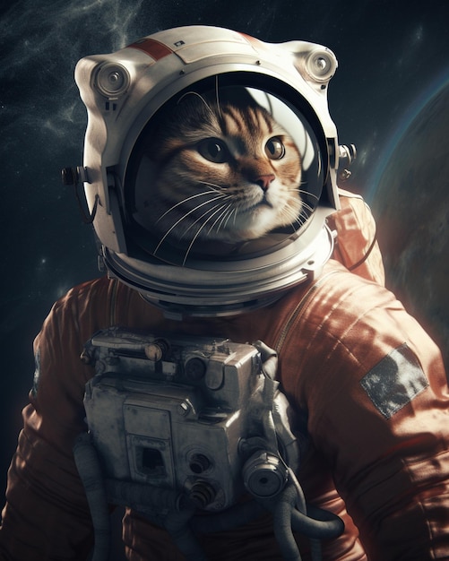 Um gato em um traje espacial está usando um capacete.