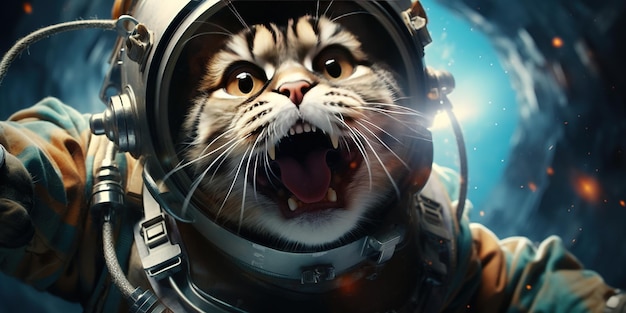 Um gato em um traje espacial no espaço exterior Banner cópia de espaço