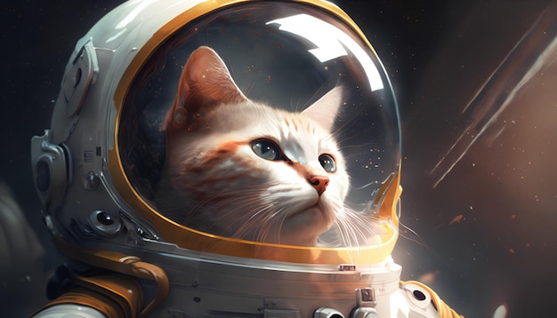 Um gato em um traje espacial olha para um rato