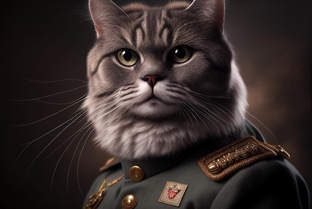 Um gato em um uniforme militar é mostrado.