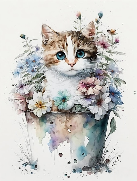 Um gato em um vaso de flores