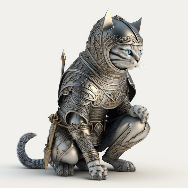 Um gato em uma armadura com uma espada e uma espada.